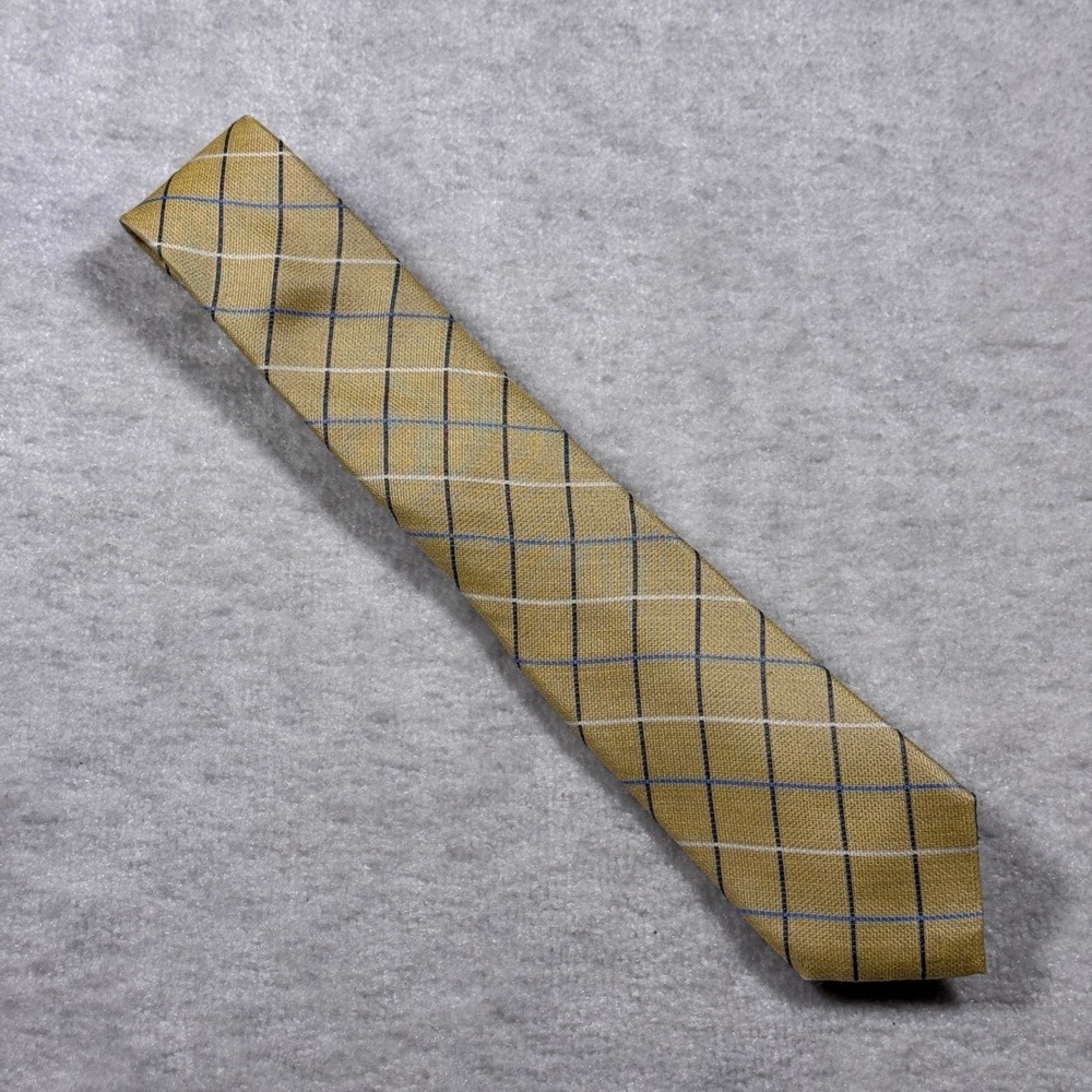 Chaps Gold Plaid‎ 100% Silk Necktie Blue White Classic Mens Tie